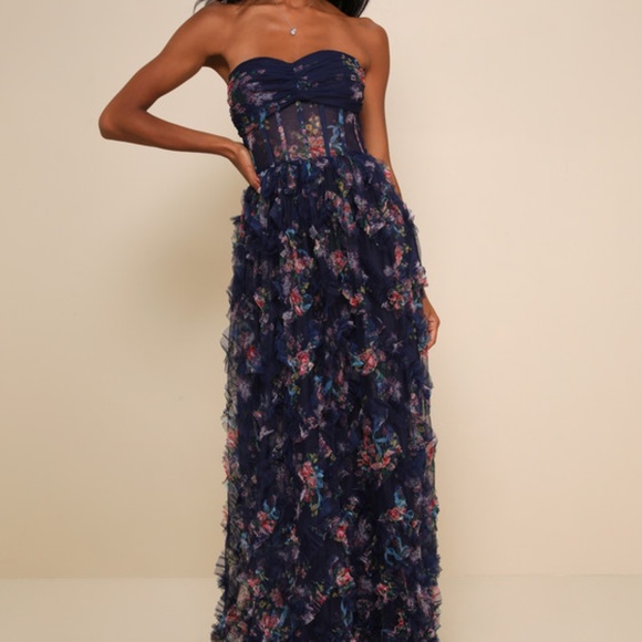 Lulus Stunning Element Navy Floral Mesh Ruffled Strapless Maxi Dress Blue - Picture 1 of 1